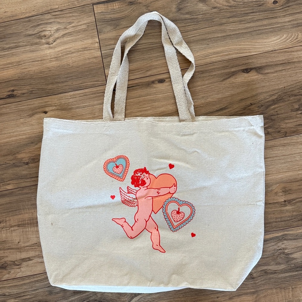 Canvas Tote Bag with Pink Cupid Heart Graphic